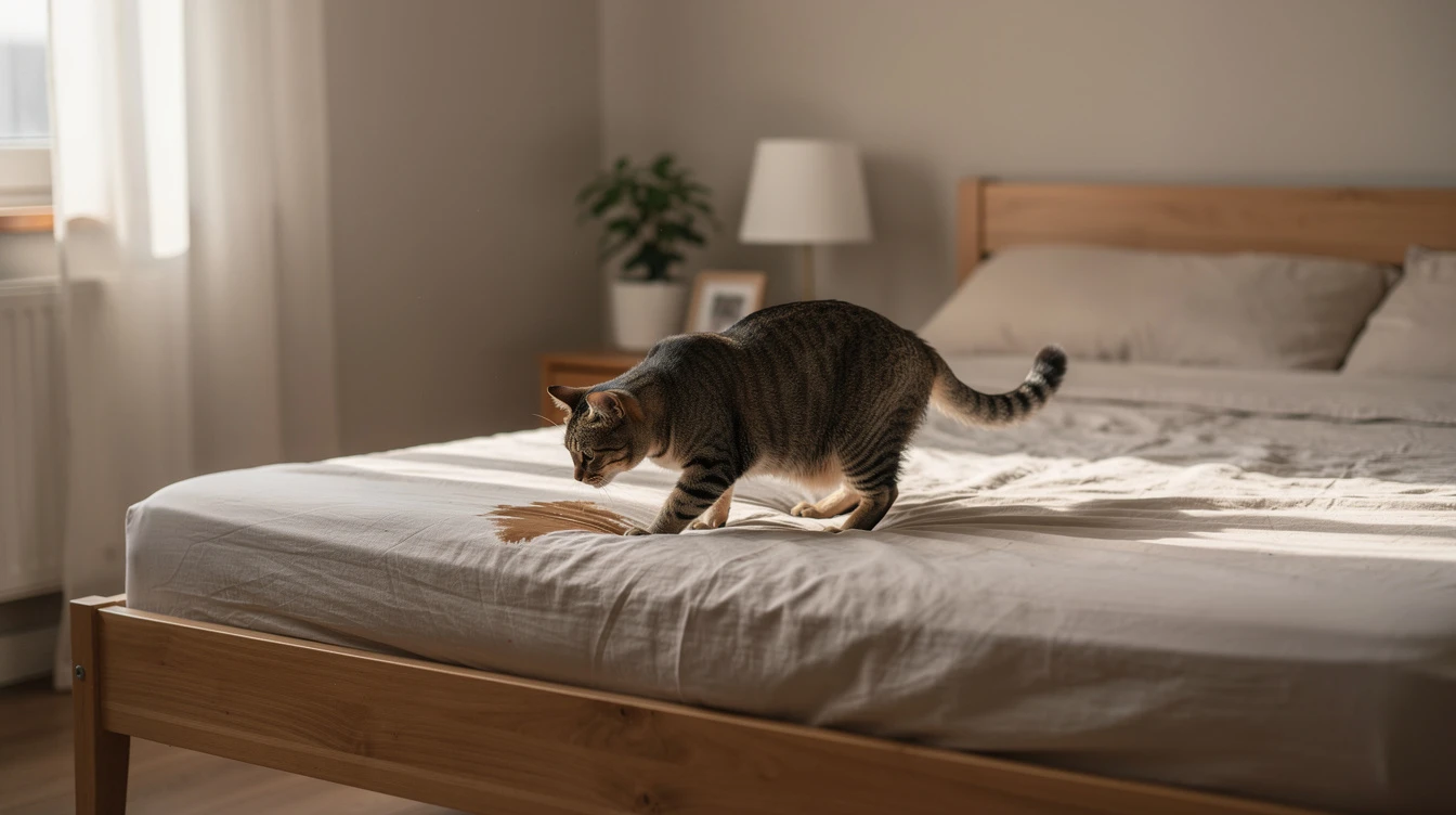 chat fait pipi lit