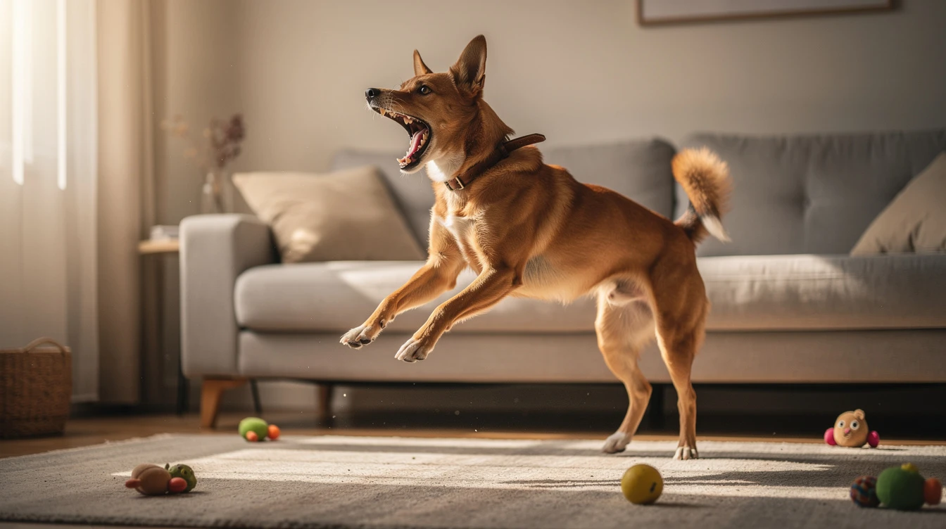 chien qui saute et aboie