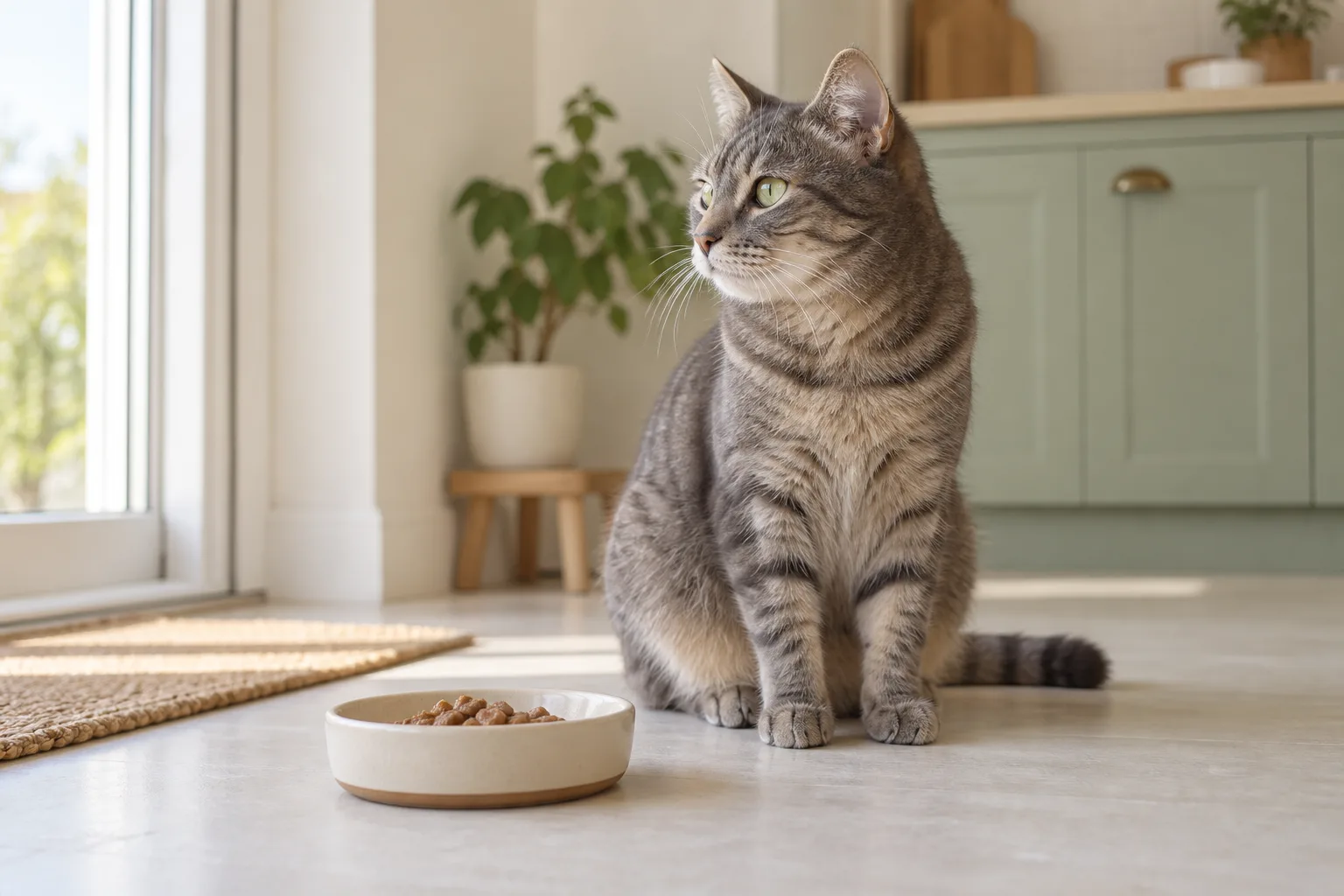 Chat tigré assis près d’une gamelle de nourriture dans une cuisine lumineuse