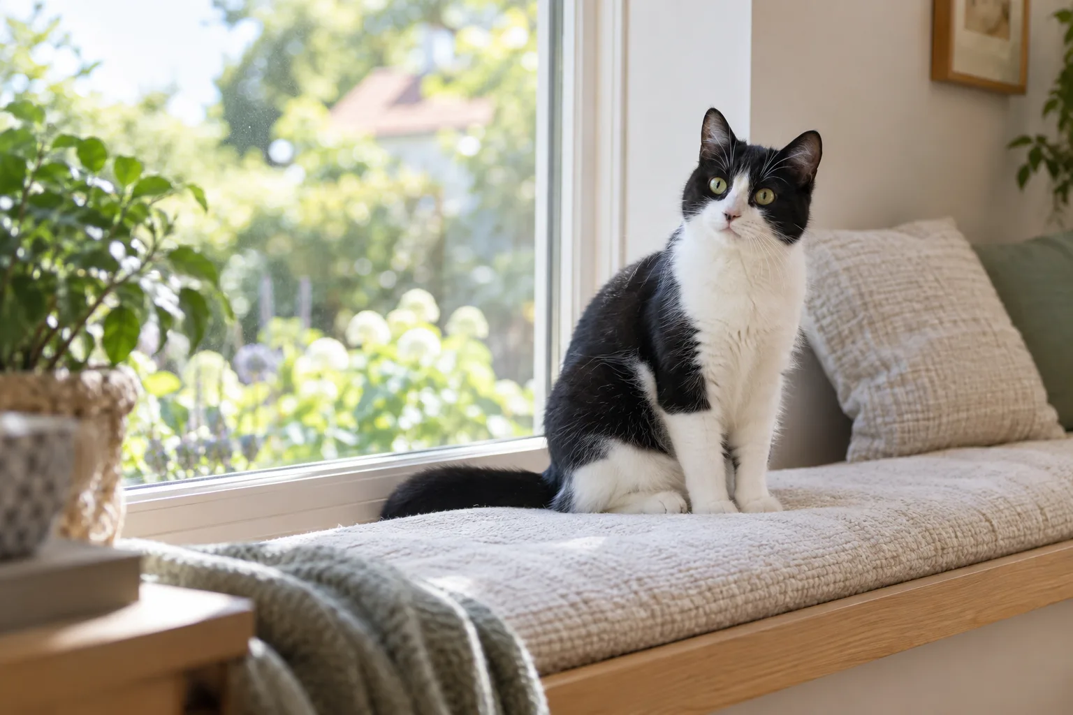 Chat noir et blanc assis sur une banquette près de la fenêtre