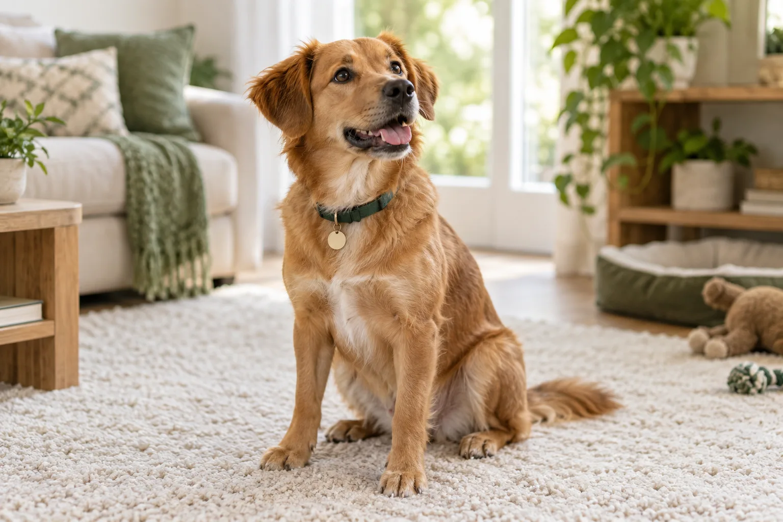 Jeune chien au pelage doré et au collier vert assis dans un salon lumineux